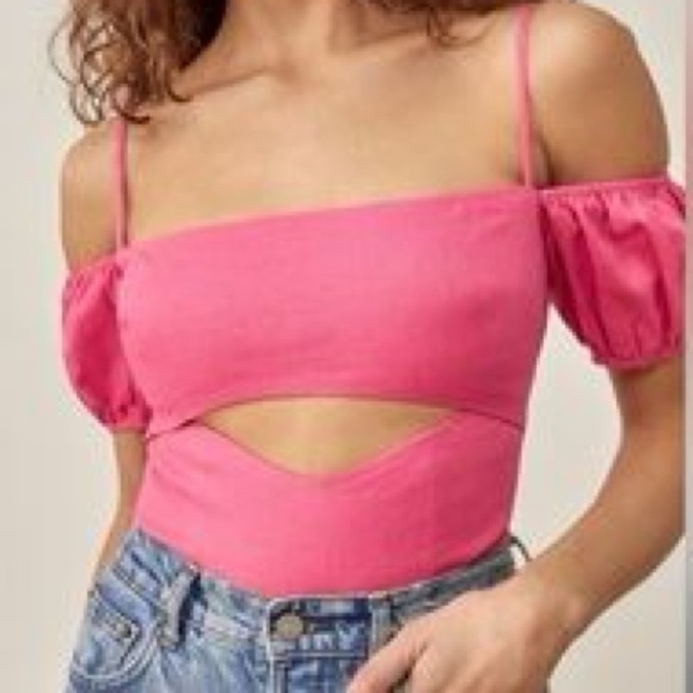 Reformation Lainey Linen Top in Snapdragon Puff Sleeve Front Cutout Size 4